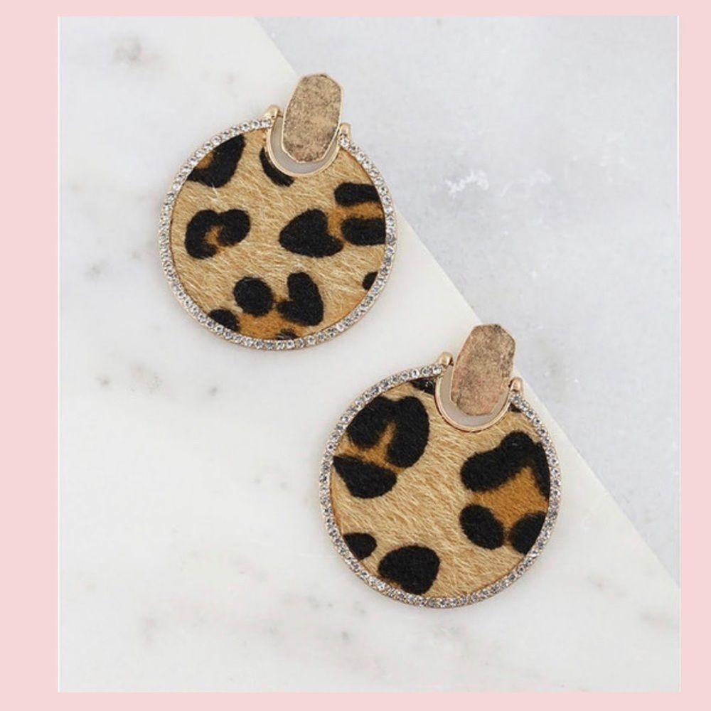 Round CZ Lined Leopard Print Earrings